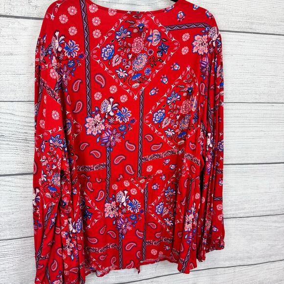 Cato Plus Size Red Floral Tie Front Long Sleeve Blouse Size 22/24W - Picture 8 of 8